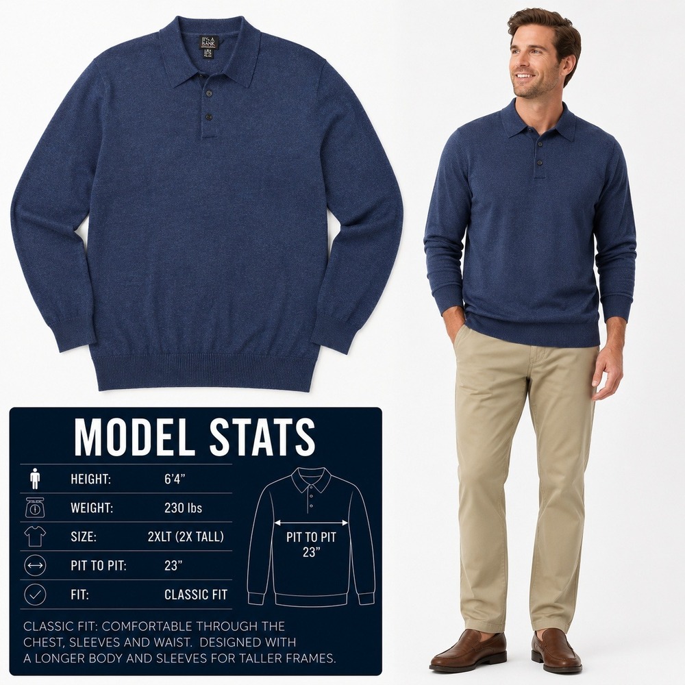 Jos A Bank Signature Merino Wool Polo Sweater Mens 2XLT Blue Heather